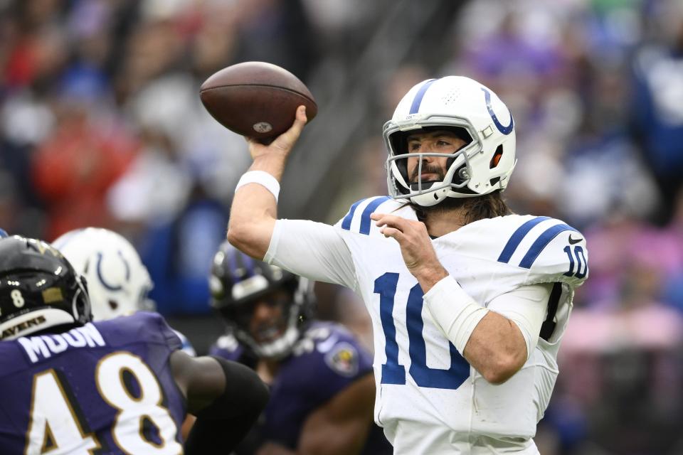 Indianapolis Colts quarterback Gardner Minshew throws during the second half of an NFL football game against the Baltimore Ravens, Sunday, Sept. 24, 2023, in Baltimore. (AP Photo/Nick Wass)