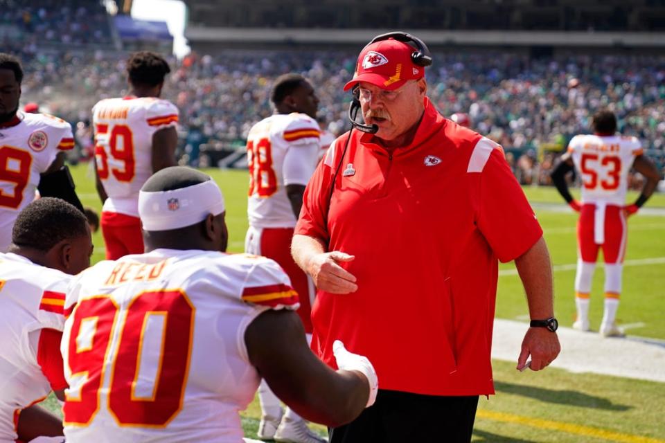 Kansas City Chiefs head coach Andy Reid talks to his players during the win against the Philadelphia Eagles (Matt Rourke/AP). (AP)