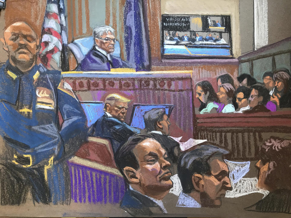 In this courtroom sketch, former President Donald Trump sits beside his lawyer Todd Blanche on the second day of jury selection in his criminal trial in Manhattan criminal court in New York on Tuesday, April 16, 2024. (Christine Cornell via AP Pool)