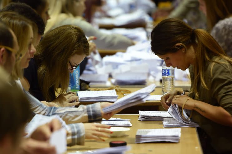 <em>As counting got underway, an exit poll predicted that Theresa May has lost an overall majority in the Commons (Picture: PA)</em>