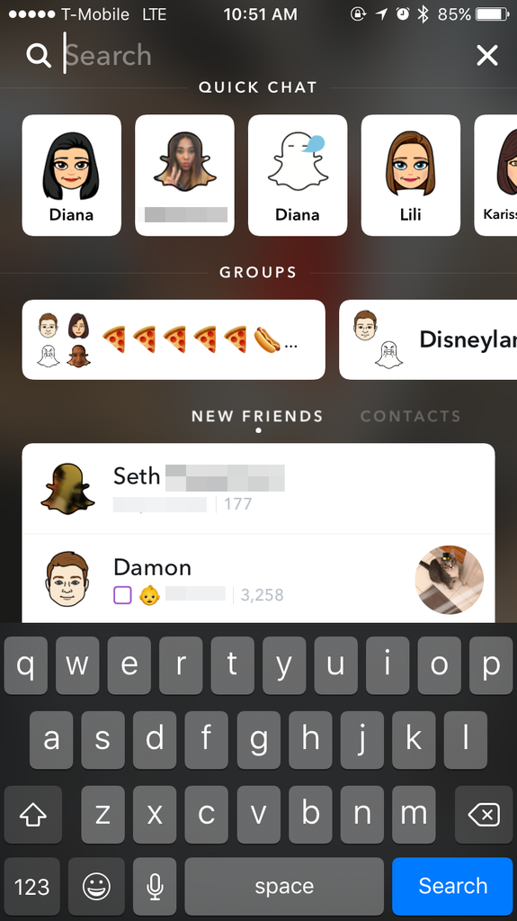 Tap on the search bar to quickly jump into a chat or add friends. You can also search for Discover channels.