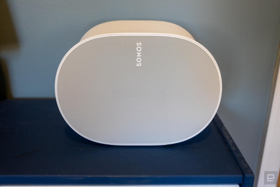<p>Photos of the new Sonos Era 300 speaker, which can play back music in Dolby Atmos spatial audio.</p>
