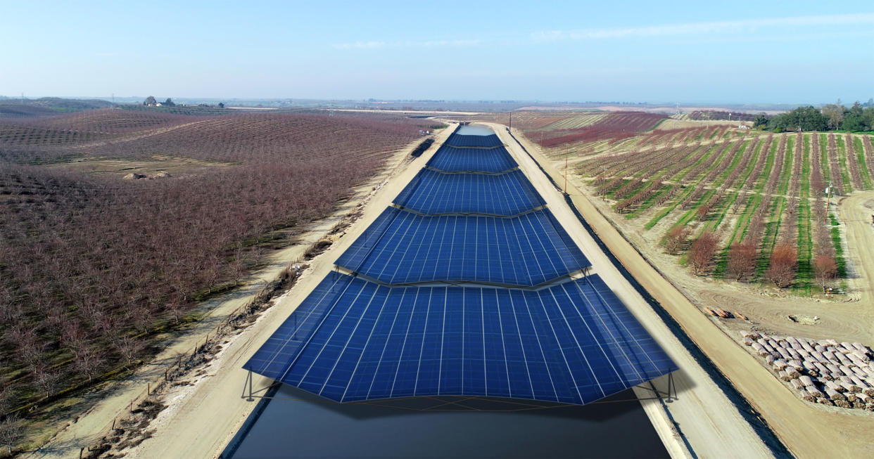 Artist renderings of cable suspended solar over a wide canal in the Turlock Irrigation district.