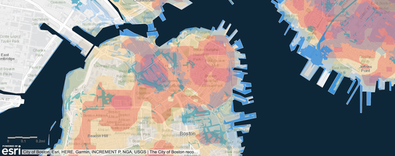 Projected map of flooding in Boston from a 1 percent chance flood at high tide in the 2050s, given sea level rise. Blue areas represent inundated locations.