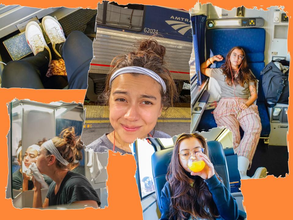 The author in various Amtrak accommodations with an orange background