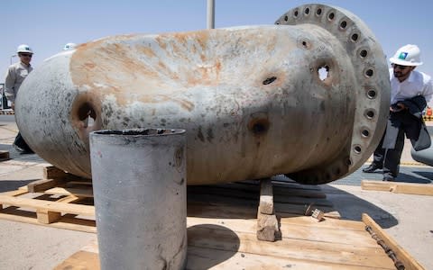 The Khurais oil plant in Saudi Arabia, showing damaged pipes from an oil stabiliser - Credit: Julian Simmonds forThe Telegraph