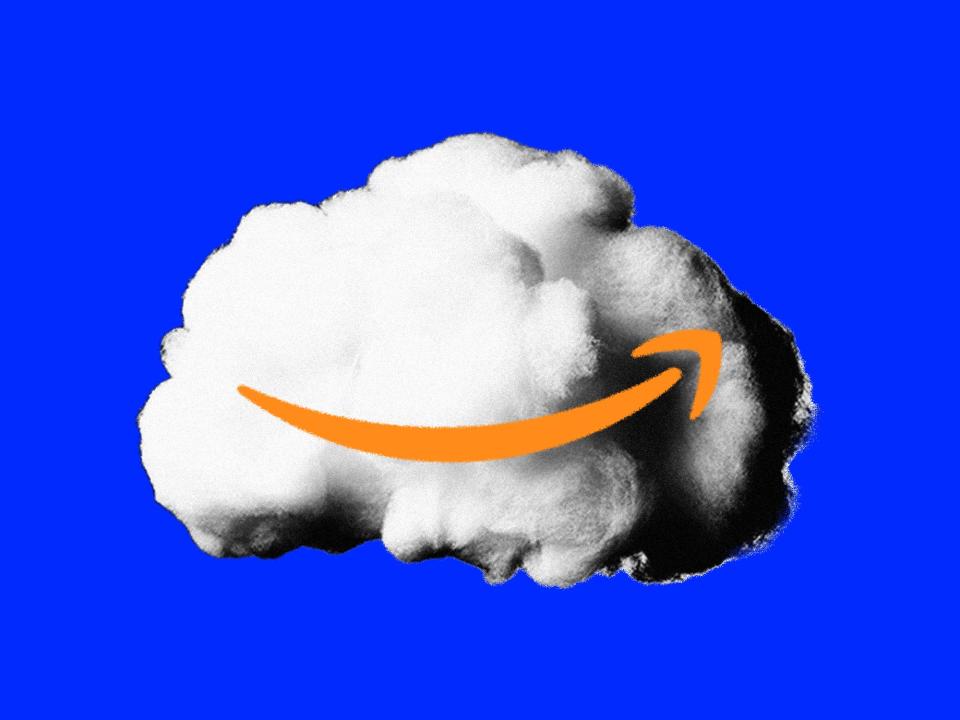 Happy cloud with Amazon logo on it.