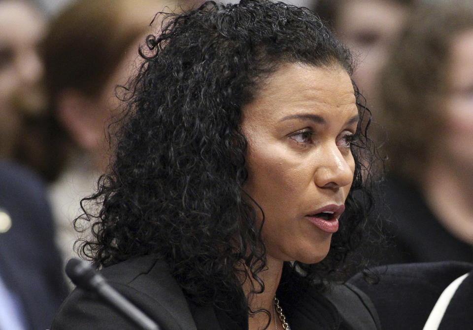 FILE - Lise-Lotte Lublin, who says comedian Bill Cosby sexually assaulted her in 1989, testifies during a hearing, March 13, 2015, at the Legislative Building in Carson City, Nev. A group of women, including Lublin, who accused Bill Cosby of sexual assault and were dismayed when he had his conviction overturned and left prison are trying again to seek justice in the courts, by urging states to give them more time to pursue civil damages. Lublin says she worked to change the law in her native Nevada to eliminate the statute of limitations for adult survivors in the state, so she could have her day in court. (AP Photo/Cathleen Allison, File)