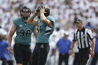 Coastal Carolina kicker Liam Gray (31) reacts after missing a field goal attempt during the first half of a NCAA college football game against Buffalo in Buffalo, N.Y. on Saturday, Sept. 18, 2021. (AP Photo/Joshua Bessex)