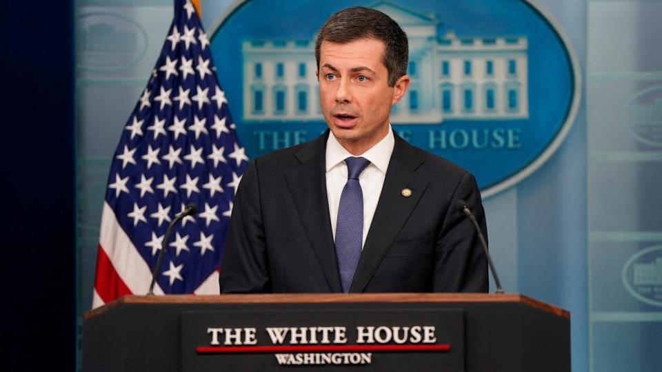 PHOTO: Secretary of Transportation Pete Buttigieg speaks during a press briefing the day after the collapse of the Francis Scott Key Bridge in Baltimore, at the White House in Washington, Mar. 27, 2024. (Elizabeth Frantz/Reuters)