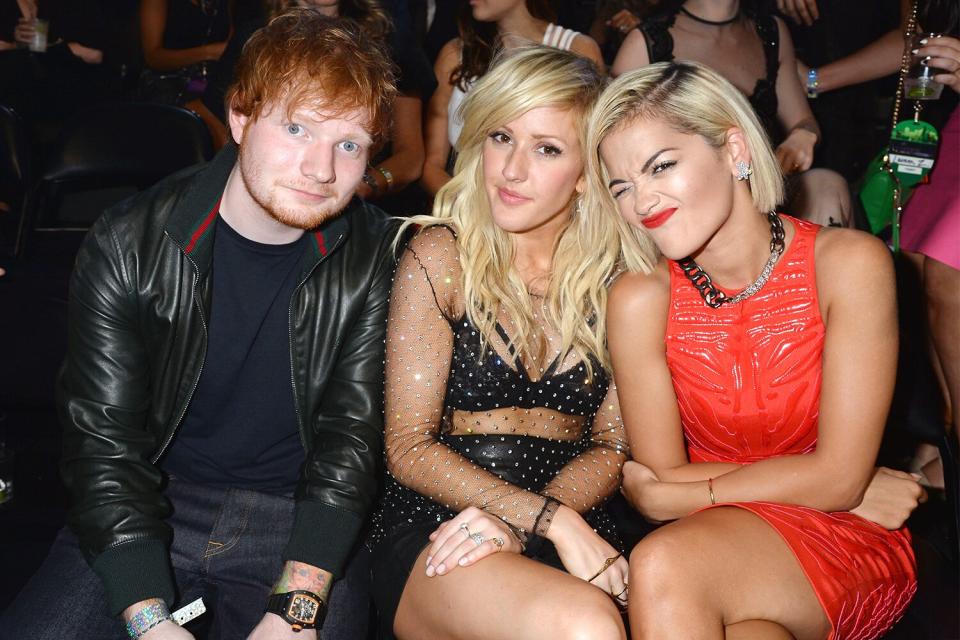 NEW YORK, NY - AUGUST 25: (L-R) Ed Sheeran, Ellie Goulding and Rita Ora attend the 2013 MTV Video Music Awards at the Barclays Center on August 25, 2013 in the Brooklyn borough of New York City. (Photo by Jeff Kravitz/FilmMagic for MTV)