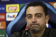 Barcelona's head coach Xavi Hernandez attends a press conference in Naples, Italy, Feb. 20, 2024. FC Barcelona will face SSC Napoli for a Champions League, round of sixteen first leg, soccer match on Wednesday, Feb. 21, 2024. (Alessandro Garofalo/LaPresse via AP)