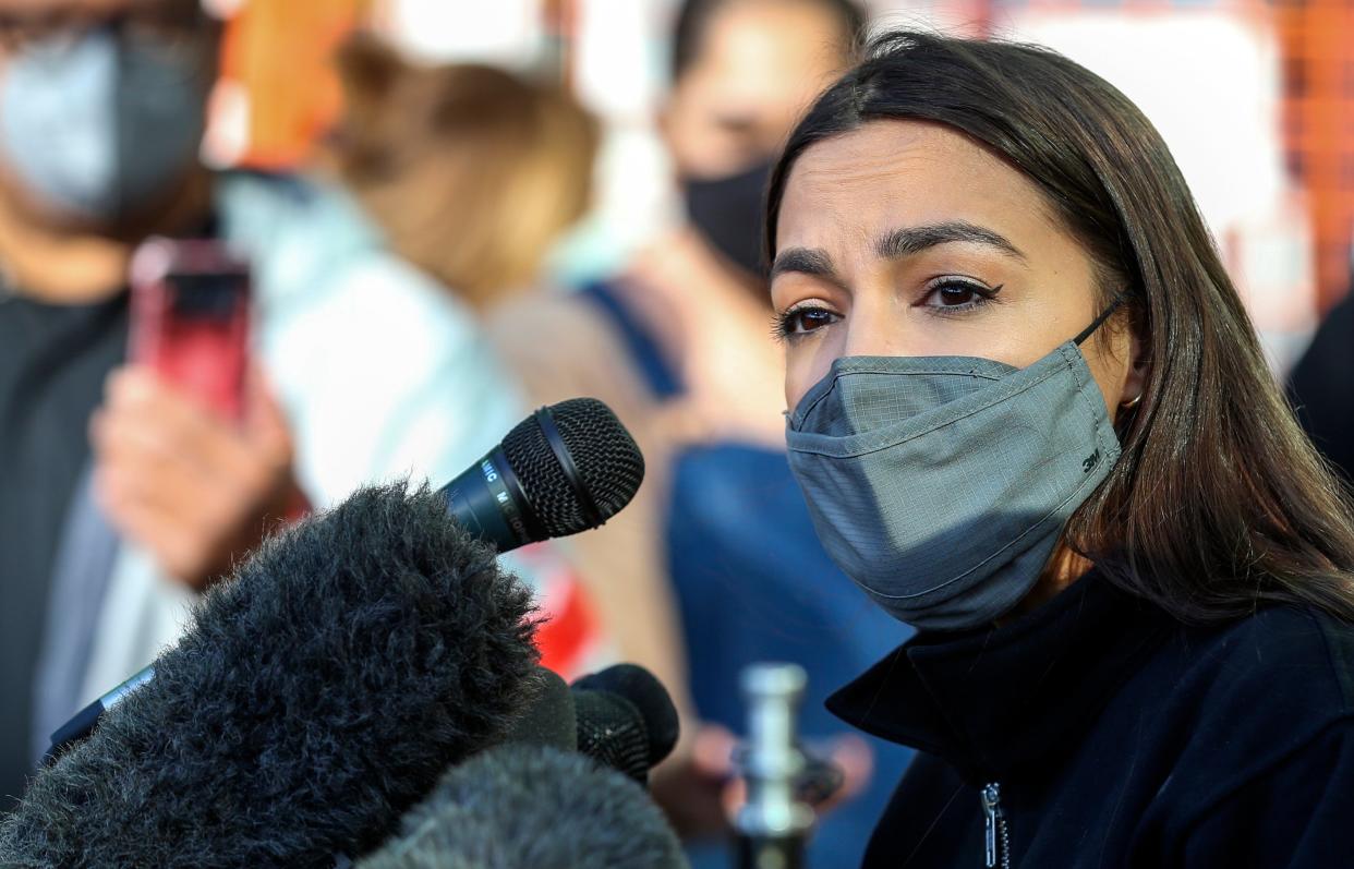 <p>AOC volunteers Houston food bank after raising more than $3mn for Texas storm victims</p> (Photo by THOMAS SHEA/AFP via Getty Images)