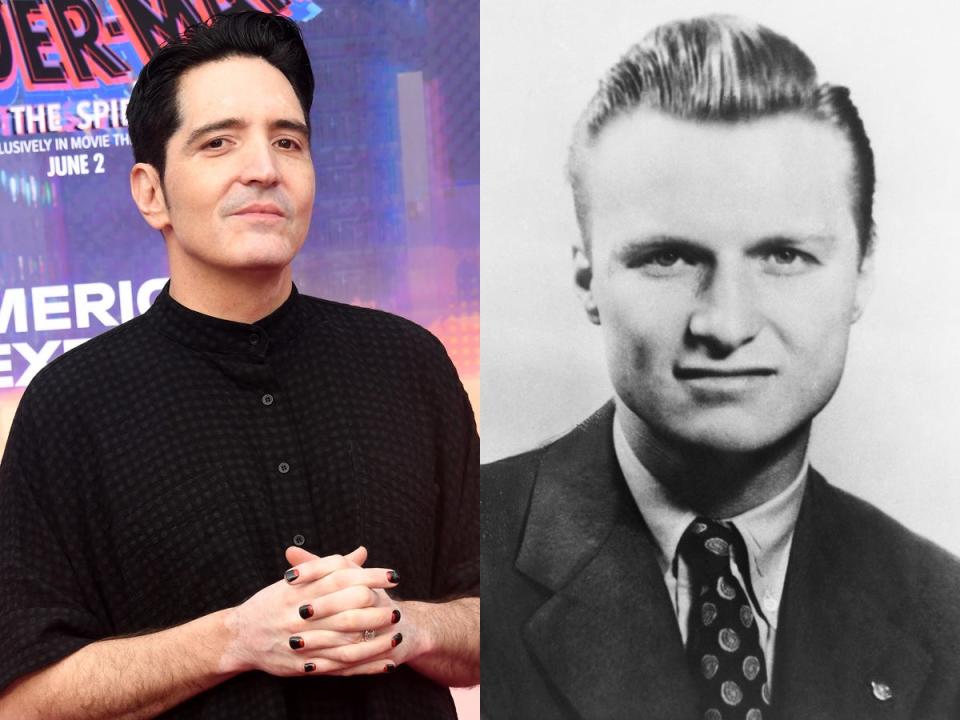 A photo of David Dastmalchian next to a black and white photo of William L. Borden, who he plays in "Oppenheimer."