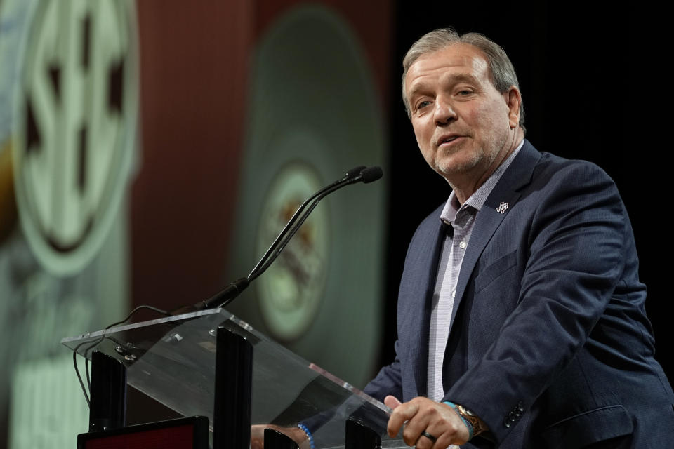 Texas A&M head coach Jimbo Fisher speaks during NCAA College Football Southeastern Conference Media Days, Monday, July 17, 2023, in Nashville, Tenn.  (AP Photo/George Walker IV)