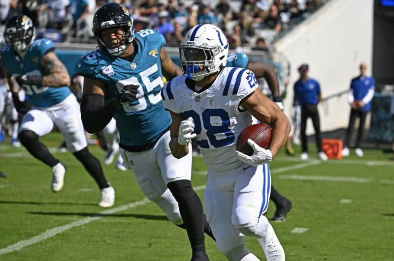 Indianapolis Colts running back Jonathan Taylor (R) runs against the Jacksonville Jaguars on Sunday in Jacksonville, Fla. Photo by Joe Marino/UPI.