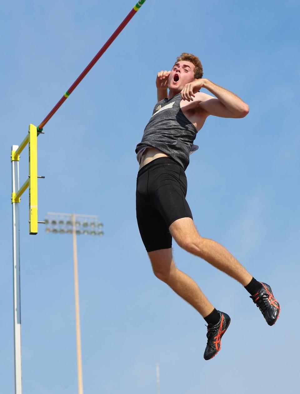 Andover Central’s Bryce Barkdull won the 5A state championship in the pole vault with a meet-record mark of 17 feet, 1 inches.