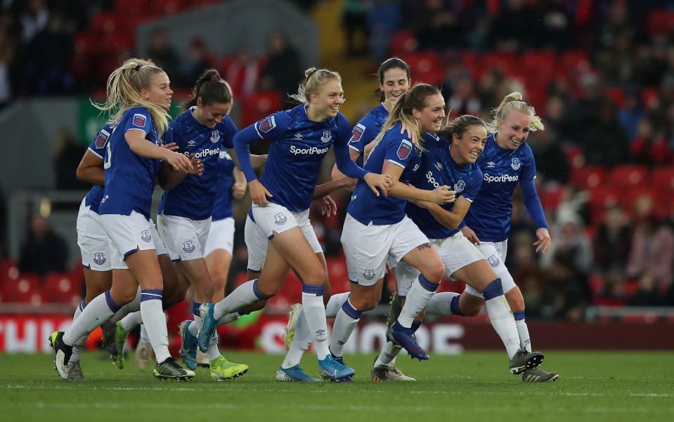 Everton's Lucy Graham celebrates scoring their first goal at the last Merseyside derby at Anfield in November / Action Images via Reuters/Molly Darlington