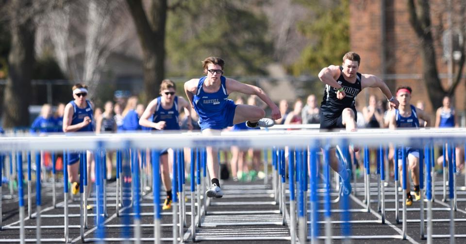 Sartell senior Logan Clark competes in the 110m hurdles Thursday, May 5, 2022, at Riverview Intermediate School in Sartell.