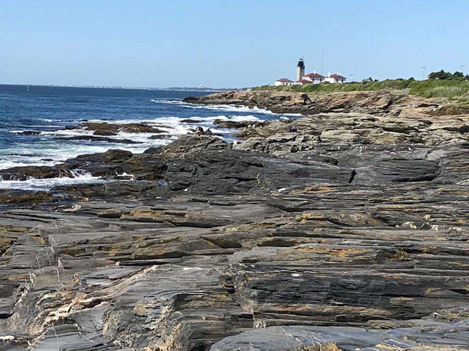 The lighthouse and surrounding buildings as seen from Lion's Head Gorge, looking south, at Beavertail State Park.