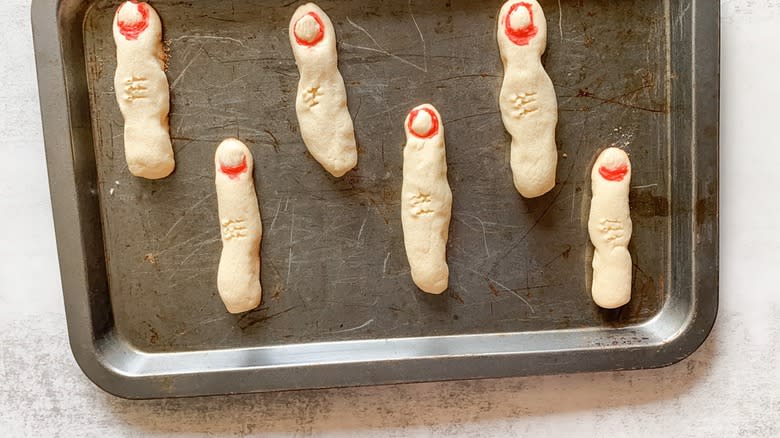 witch finger cookies on baking sheet