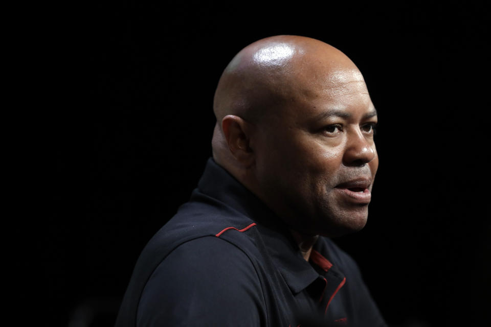 Stanford head coach David Shaw answers questions during the Pac-12 football media day Wednesday, July 24, 2019, in Los Angeles. (AP Photo/Marcio Jose Sanchez)