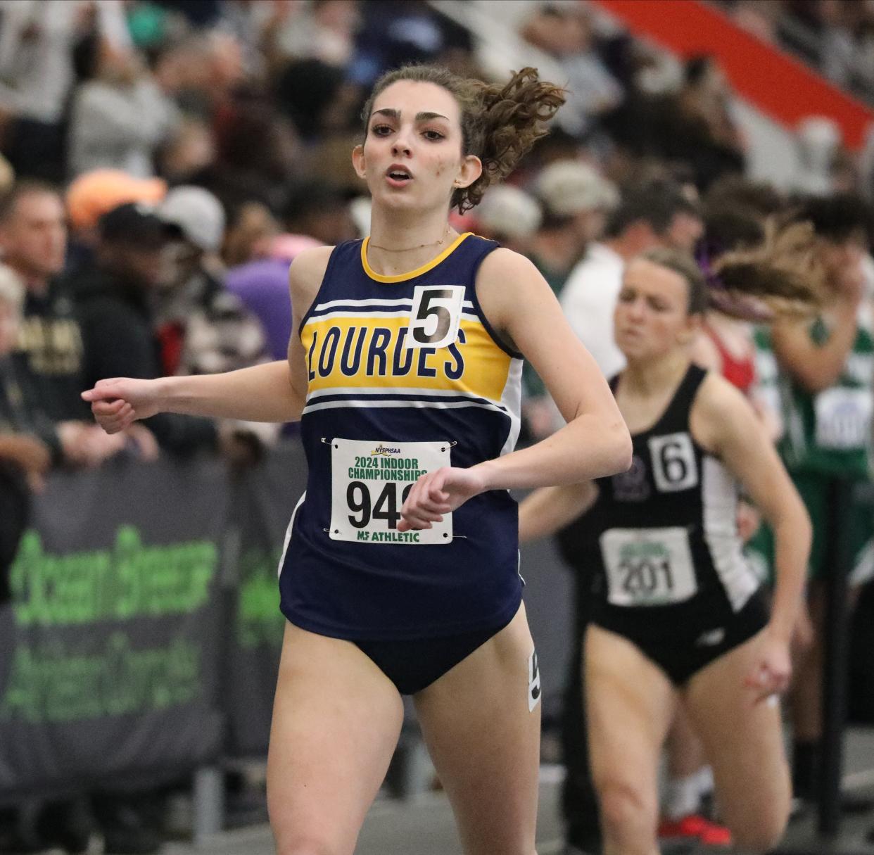 Alexandria North from Our Lady of Lourdes competes in the girls 300 meter dash at the 2024 New York State Indoor Track and Field Championships at the Ocean Breeze Athletic Complex in Staten Island, March 2, 2024.