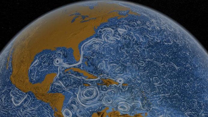 A still image showing the Gulf Stream around North America taken from Perpetual Ocean, a visualization of some of the world's surface ocean currents from June 2005 through December 2007, supplied in this handout photo by NASA March 27, 2012. The visualization was produced using NASA/JPL's computational model called Estimating the Circulation and Climate of the Ocean, Phase II or ECC02, a high resolution model of the global ocean and sea-ice.