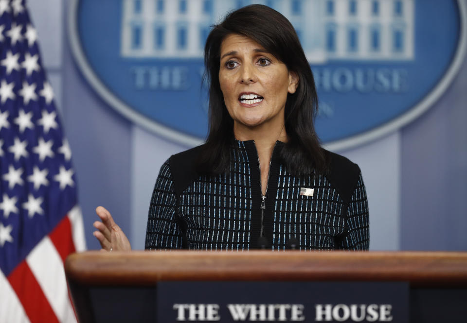 FILE - U.S. Ambassador to the United Nations Nikki Haley speaks during a news briefing at the White House, in Washington, Sept. 15, 2017. Haley, the former South Carolina governor and United Nations ambassador, announced her candidacy for president on Tuesday, becoming the first major challenger to former President Donald Trump for the 2024 Republican nomination. (AP Photo/Carolyn Kaster, File)