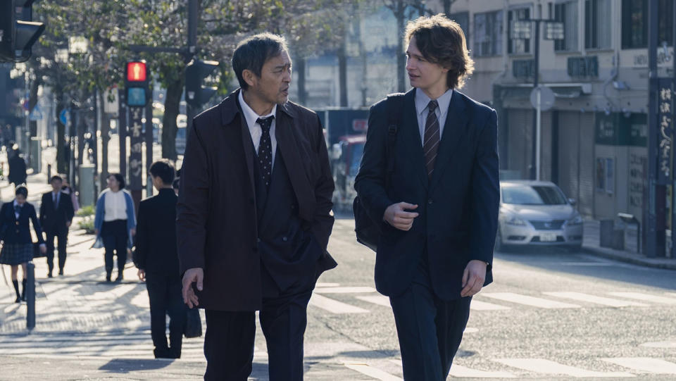 Ken Watanabe and Ansel Elgort in Tokyo Vice