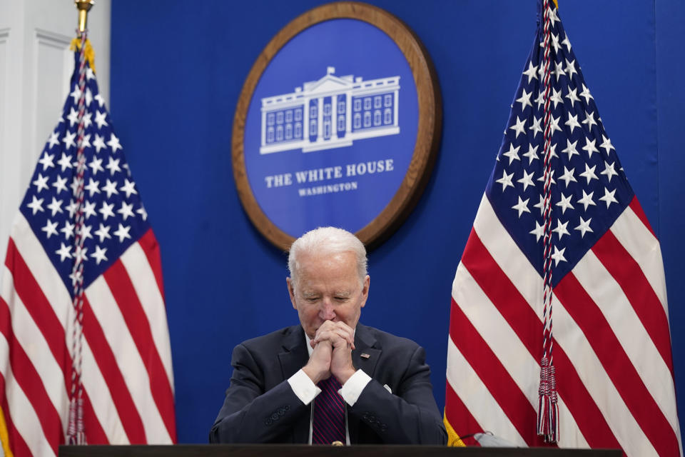 President Joe Biden listens during a meeting with the President's Council of Advisors on Science and Technology at the Eisenhower Executive Office Building on the White House Campus, Thursday, Jan. 20, 2022. (AP Photo/Andrew Harnik)