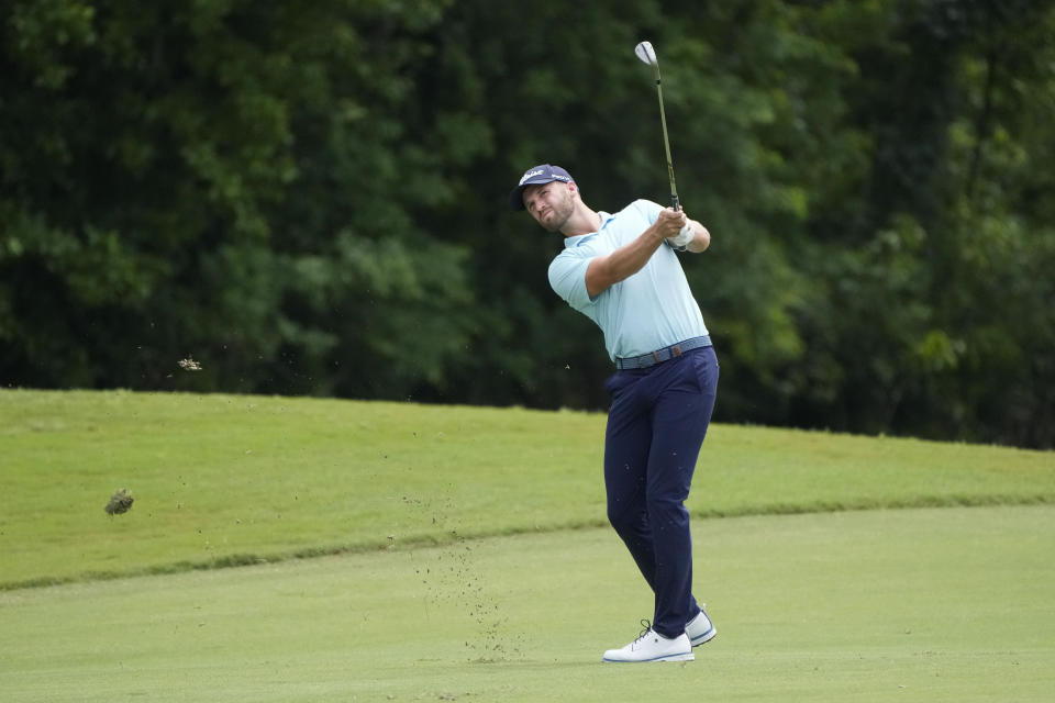 Wyndham Clark hits on the 8th fairway during the second round of the PGA Zurich Classic golf tournament at TPC Louisiana in Avondale, La., Friday, April 21, 2023. (AP Photo/Gerald Herbert)
