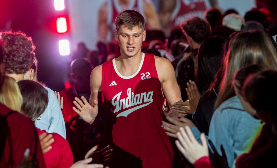 Indiana's Jackson Creel is announced during Hoosier Hysteria at Simon Skjodt Assembly Hall on Friday, October 20, 2023.