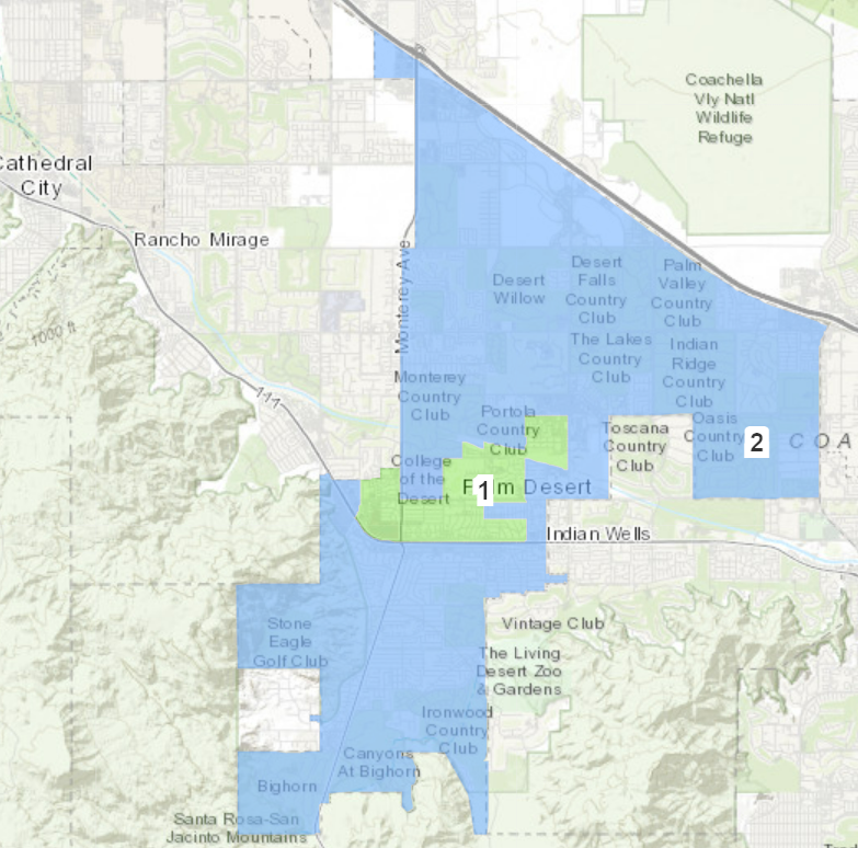 A map shows the two districts for the Palm Desert City Council that were in effect for the 2022 general election. By 2024, there will be five districts.