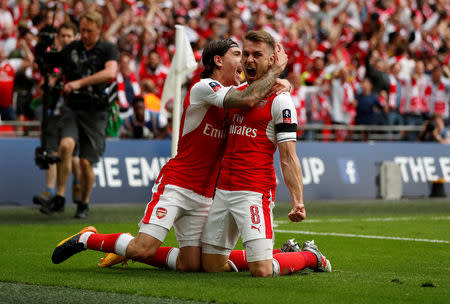 Britain Soccer Football - Arsenal v Chelsea - FA Cup Final - Wembley Stadium - 27/5/17 Arsenal’s Aaron Ramsey celebrates scoring their second goal with Hector Bellerin Action Images via Reuters / John Sibley