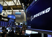 The company logo for Boeing is displayed on a screen on the floor of the New York Stock Exchange (NYSE) in New York, U.S., March 11, 2019. REUTERS/Brendan McDermid