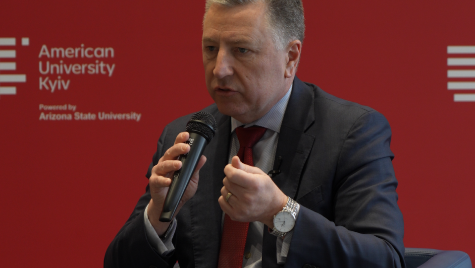 Kurt Volker, a former U.S. special representative for Ukraine negotiations, speaks during a press conference at the American University Kyiv on Feb. 23, 2024. (Kyiv Independent)