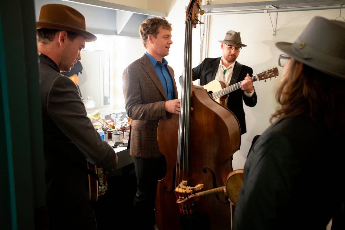 The Infamous Stringdusters warm up before performing at, and hosting the 32nd Annual IBMA Bluegrass Music Awards in Raleigh, N.C., Thursday night, Sept. 30, 2021.