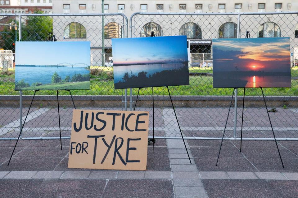 Photos by Tyre Nichols along with a sign stating “justice for Tyre” are displayed outside of Memphis City Hall during a rally in support of police reform and to call for the ordinance drafted by Allan Wade, the attorney who represents Memphis City Council, to not be passed in Memphis, Tenn., on Monday, April 10, 2023. 