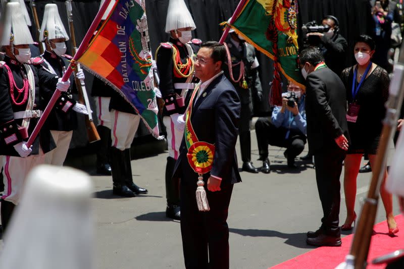 Bolivia's President Luis Arce looks on after his swearing-in ceremony at the Plaza Murillo, in La Paz