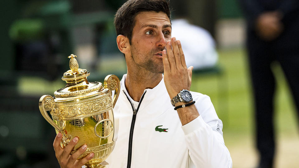 Novak Djokovic blows a kiss to his family after winning the Wimbledon final. (Photo by TPN/Getty Images)