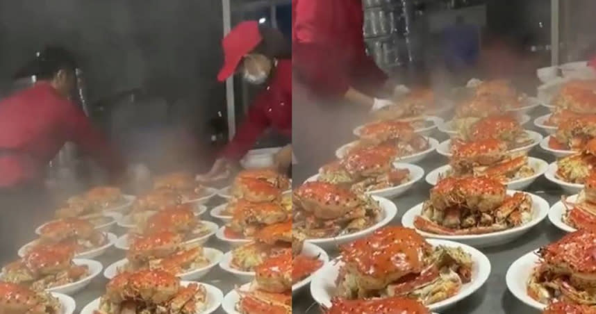 中國福建一處農村的流水席滿桌是帝王蟹料理。（圖／翻攝微博）