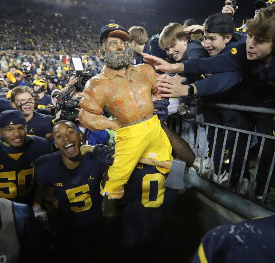 The Wolverines reclaimed the Paul Bunyan Trophy after their 29-7 win over the Michigan State on Saturday, Oct. 29, 2022, in Ann Arbor.