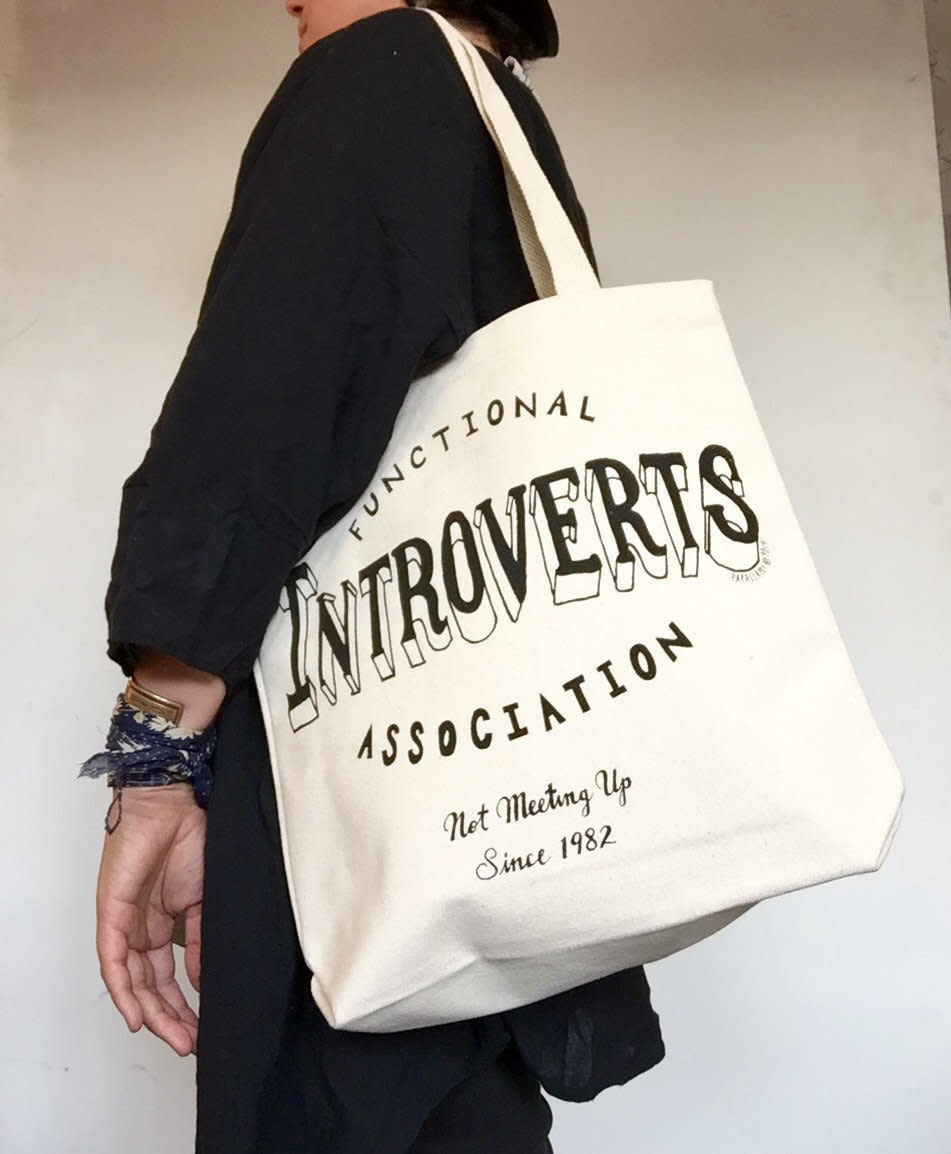 <a href="https://www.etsy.com/listing/251318866/functional-introverts-association-tote?ga_order=most_relevant&amp;ga_search_type=all&amp;ga_view_type=gallery&amp;ga_search_query=introvert&amp;ref=sr_gallery_45" target="_blank">Functional Introverts Association Tote Bag</a>, $24 on <a href="https://www.etsy.com/?ref=lgo" target="_blank">Etsy</a>