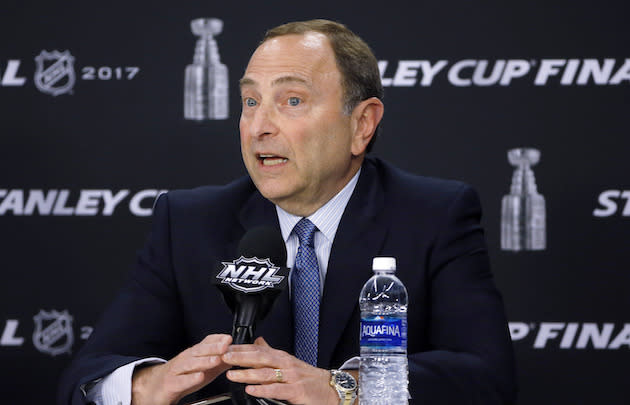 NHL Commissioner Gary Bettman speaks to the media before Game 1 of the NHL hockey Stanley Cup Finals between the Pittsburgh Penguins and the Nashville Predators, Monday, May 29, 2017, in Pittsburgh. (AP Photo/Gene J. Puskar)