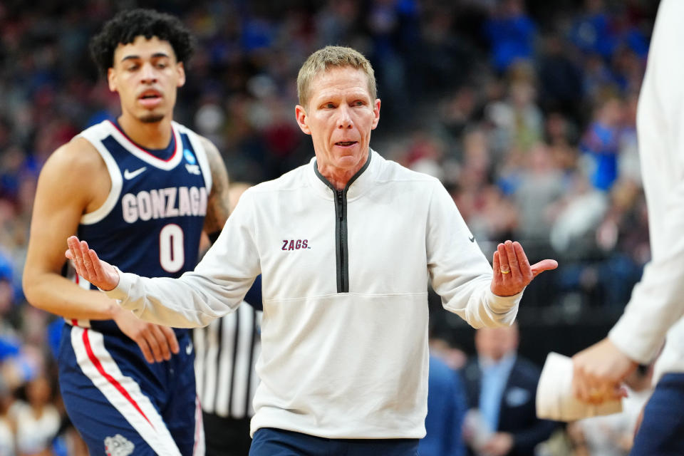March 23, 2023; Las Vegas, Nevada; Gonzaga Bulldogs head coach Mark Few reacts after a play against the <a class="link " href="https://sports.yahoo.com/ncaaw/teams/ucla/" data-i13n="sec:content-canvas;subsec:anchor_text;elm:context_link" data-ylk="slk:UCLA Bruins;sec:content-canvas;subsec:anchor_text;elm:context_link;itc:0">UCLA Bruins</a> during the first half at T-Mobile Arena. Stephen R. Sylvanie-USA TODAY Sports