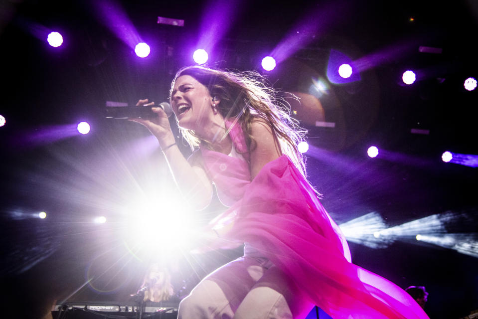 This April 20, 2019 photo shows Maggie Rogers performing at the Coachella Music & Arts Festival in Indio, Calif. (Photo by Amy Harris/Invision/AP)