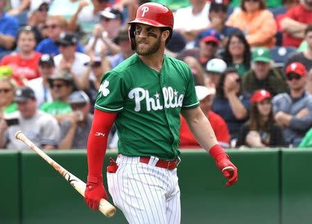 Mar 17, 2019; Clearwater, FL, USA; Philadelphia Phillies designated hitter Bryce Harper (3) reacts after striking out in the first inning of the spring training game against the New York Yankees at Spectrum Field. Mandatory Credit: Jonathan Dyer-USA TODAY Sports