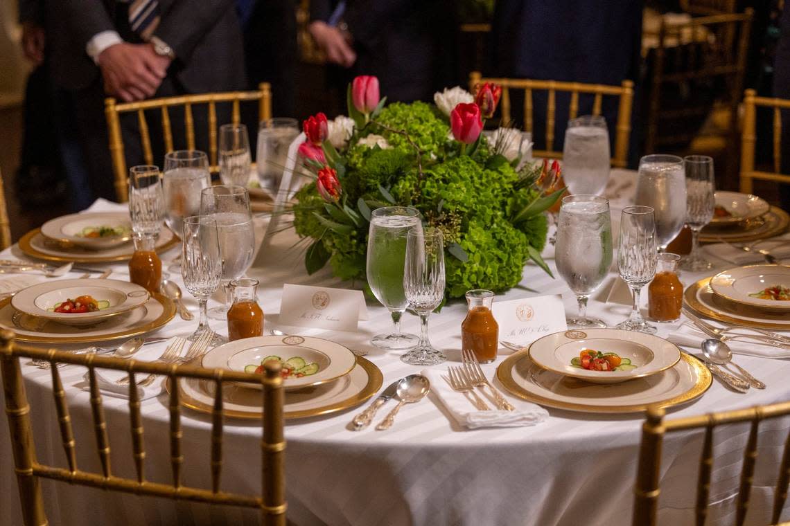 The first course of chilled sunburst tomato and cucumber soup at a luncheon in honor of Japanese Prime Minister Fumio Kishida on Friday, April 12, 2024 at the Executive Mansion in Raleigh, N.C.