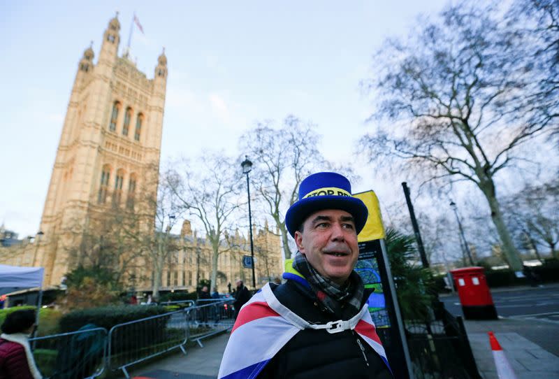 Westminster protester and anti Brexit activist Steve Bray, speaks during a Reuters interview near the Parliament Buildings in Westminster, London